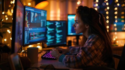 Fototapeta premium Night Coding: Programmer Working Late with Colorful Lights