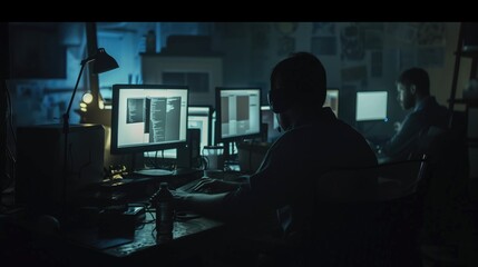Programmer at Work: Coding in Dark Room with Multiple Monitors, Headphones On
