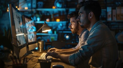Fototapeta na wymiar Programmer at Work: Coding in Dark Room with Multiple Monitors, Headphones On