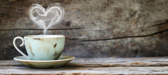 Vintage Elegance, Coffee Cup Adorned with Heart Steam on Aged Wood