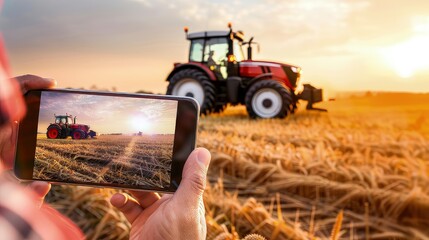 A farmer takes a photo of a working tractor on his field with a smartphone. The farmer's smartphone becomes a portal, capturing the essence of his tireless tractor's labor.