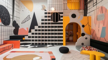 A playful and vibrant children's playroom boasts a creative and colorful interior design, with geometric shapes and a variety of textures to inspire imagination and fun