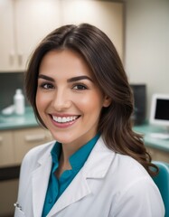 Fototapeta premium A beautiful smiling brunette dentist woman standing inside a dentist practice. Perfect smile ad.
