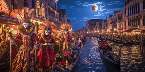 Papier Peint photo autocollant Pont du Rialto A grand Venetian carnival scene, elaborate masks and costumes, gondolas on the canal under moonlight. Resplendent.