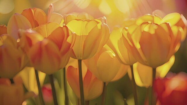 Vibrant yellow and orange tulips their edges illuminated by the golden rays of light ping through them.