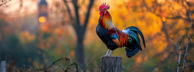 Morning Charm, Colorful Rooster on Wooden Pole at Sunrise - obrazy, fototapety, plakaty