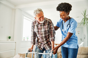nurse doctor senior care caregiver help walker assistence retirement home nursing elderly man black...