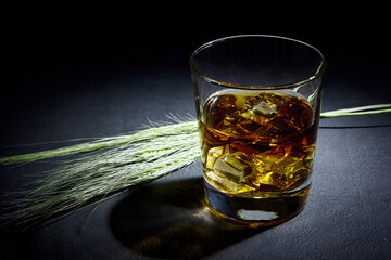 Whiskey with ice in a glass and ears of rye grains on a black concrete table