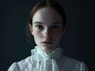 a woman with freckles wearing a white blouse