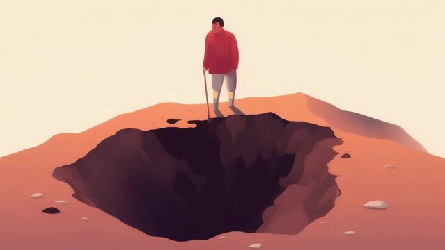 A person with one foot in a pit of quicksand trying to pull themselves out. Psychology art concept. .