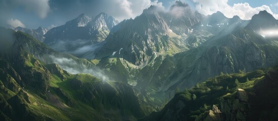 A painting showcasing the grandeur of the Tatra Mountains with a range of peaks stretching into the distance under a moody sky full of clouds. The rugged terrain contrasts with the softness of the