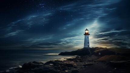 An old lighthouse casting a beam of light under a starry night sky.