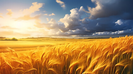 Obraz premium Wheat field in the sun close-up during harvest season
