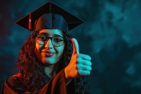 a woman in a graduation cap and gown giving a thumbs up - Powered by Adobe