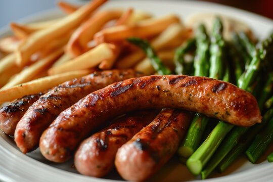 a plate of sausages and french fries
