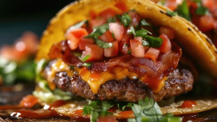 close-up of a gourmet taco with juicy ground beef, crispy bacon, melted cheese, and fresh tomato salsa, exemplifying a delicious and hearty meal.