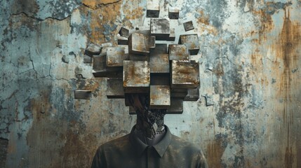a person with a mask and many cubes on their head