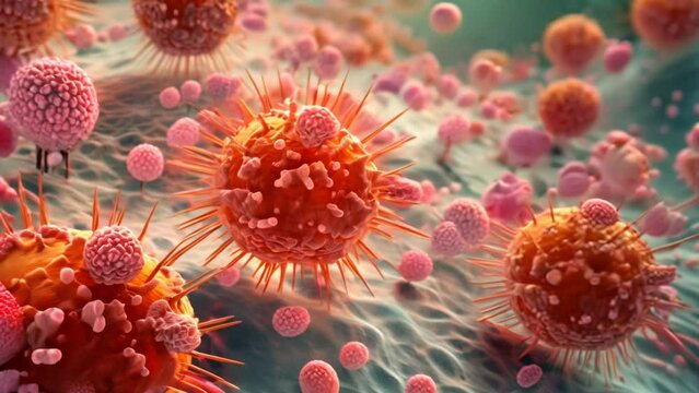 This background delves into the fascinating world of 3D microscopic views of cells and viruses. It also shows the concepts of nanotechnologies and immunotherapy. AI-generated