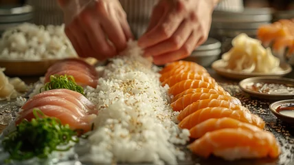 Fotobehang Sushi chef preparing fresh salmon sushi. © SashaMagic