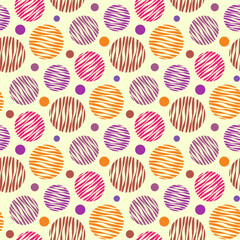Small bright colorful multi-colored striped balls and circles isolated on a yellow background. Cute seamless pattern. Vector simple flat graphic illustration. Texture.