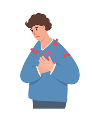 Fototapeta na wymiar Young man suffering from chest pain. Heartache, heart attack symptoms, Healthcare, disease concept vector illustration isolated on white background.