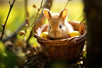 A little rabbit is sitting in a wicker basket with eggs in the bushes