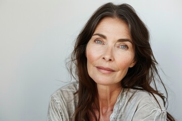 Fototapeta premium Beautiful gorgeous 50s mid aged mature woman looking at camera isolated on white. Mature old lady close up portrait. Healthy face skin care beauty, middle age skincare cosmetics, cosmetology concept