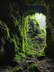 a cave with moss growing on the ground