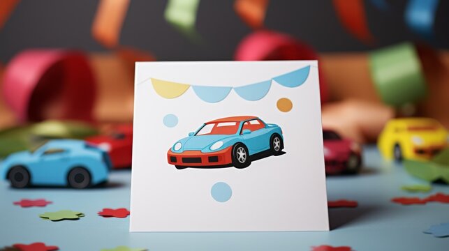 a blank invitation card, product photo style, kids birthday party themed cars--v 6.0 --ar 16:9 Job ID: abaabe7f-3aba-4f8b-9cc6-1e32f882d233