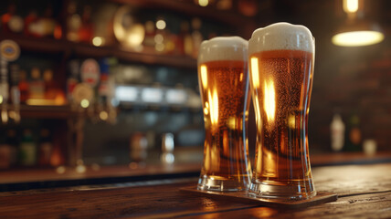 "Pub Atmosphere with Two Beer Glasses, Rustic Bar Setting with Two Pints of Beer
