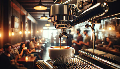 close-up image of a professional espresso machine with coffee pouring into a white cup. espresso coffee machine brewing fresh hot coffee - obrazy, fototapety, plakaty