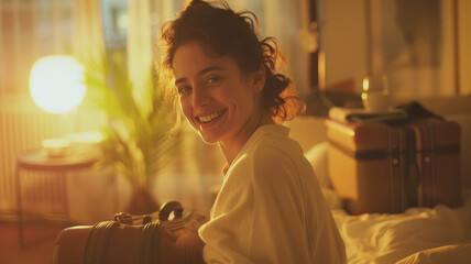 A happy young woman smiling in bed.