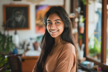 Cheerful Indian girl standing at home office looking at camera