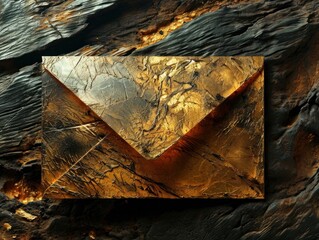 a gold envelope on a wood surface