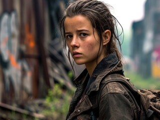 a woman with wet hair and a jacket