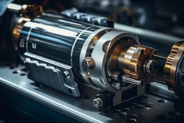 Fototapeta premium Detailed shot of a pneumatic cylinder amidst an array of industrial machinery and tools