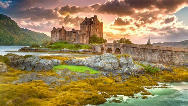 Sunset hues embrace Eilean Donan Castle in Dornie, Kyle of Lochalsh, Scotland, making it the most sought-after fortress, perched on an island where three sea lochs converge. TIME-LAPSE