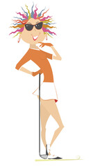 Golfer woman on the golf course. 
Golf course. Cartoon young golfer woman in sunglasses aiming to do a good shot. Thinking young golfer woman
