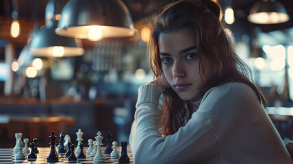 A young female chess player in a strategic game.