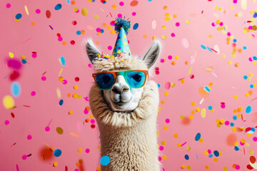Fototapeta premium Party Time! A cheerful llama wearing sunglasses and a party hat amid flying confetti. Celebratory vibes with a quirky twist against a pink background