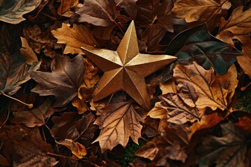 a gold star on a pile of brown leaves - Powered by Adobe