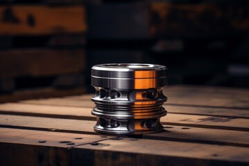 Detailed view of a newly produced piston part on a weathered wooden surface in a softly lit industrial environment - obrazy, fototapety, plakaty
