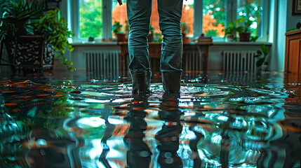 Close-up of a man's feet in rubber boots standing in Flooded Floor From Water Leak - obrazy, fototapety, plakaty