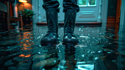 Close-up of a man's feet in rubber boots standing in Flooded Floor From Water Leak