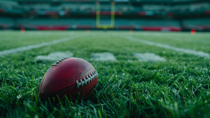 Close-up of an American football ball on the grass