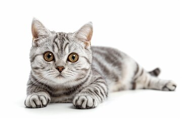 Portrait of a silver tabby British shorthair cat looking at the camera isolated on a white background
