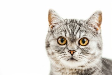 Portrait of a silver tabby British shorthair cat looking at the camera isolated on a white background