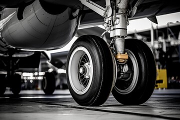 Detailed perspective of an airplane's main and nose landing gear in a busy aviation hangar - obrazy, fototapety, plakaty