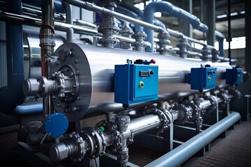 Close-up Shot of a Vacuum Degasser System with its Network of Metal Pipes and Valves in an Industrial Environment