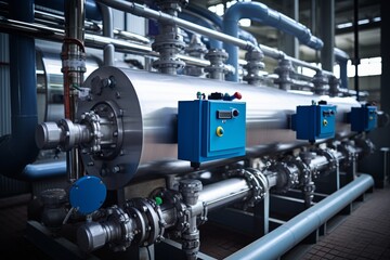 Naklejka premium Close-up Shot of a Vacuum Degasser System with its Network of Metal Pipes and Valves in an Industrial Environment